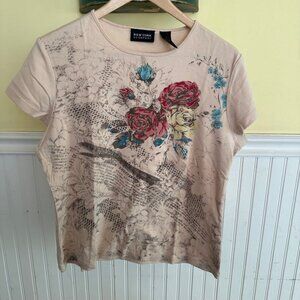 New York & Company Beige Graphic Tee With Floral & Text Print 100% Cotton XL